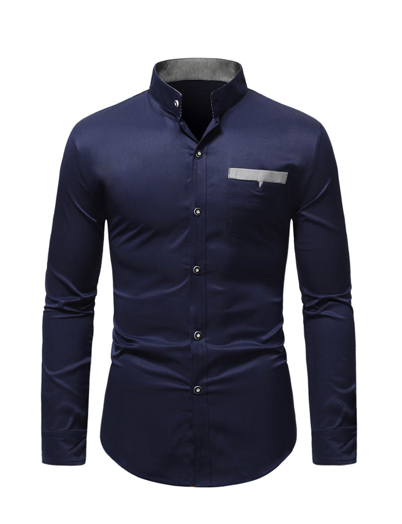 Men's Stand Collar Solid Plaid Pocket Button Up Long Sleeve Shirt