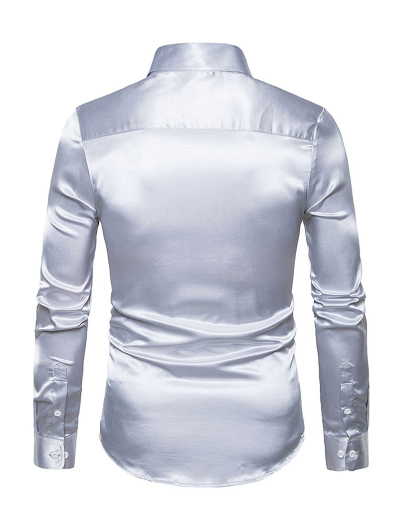 Men's Satin Smooth Button Up Tuxedo Long Sleeve Party Dress Shirt