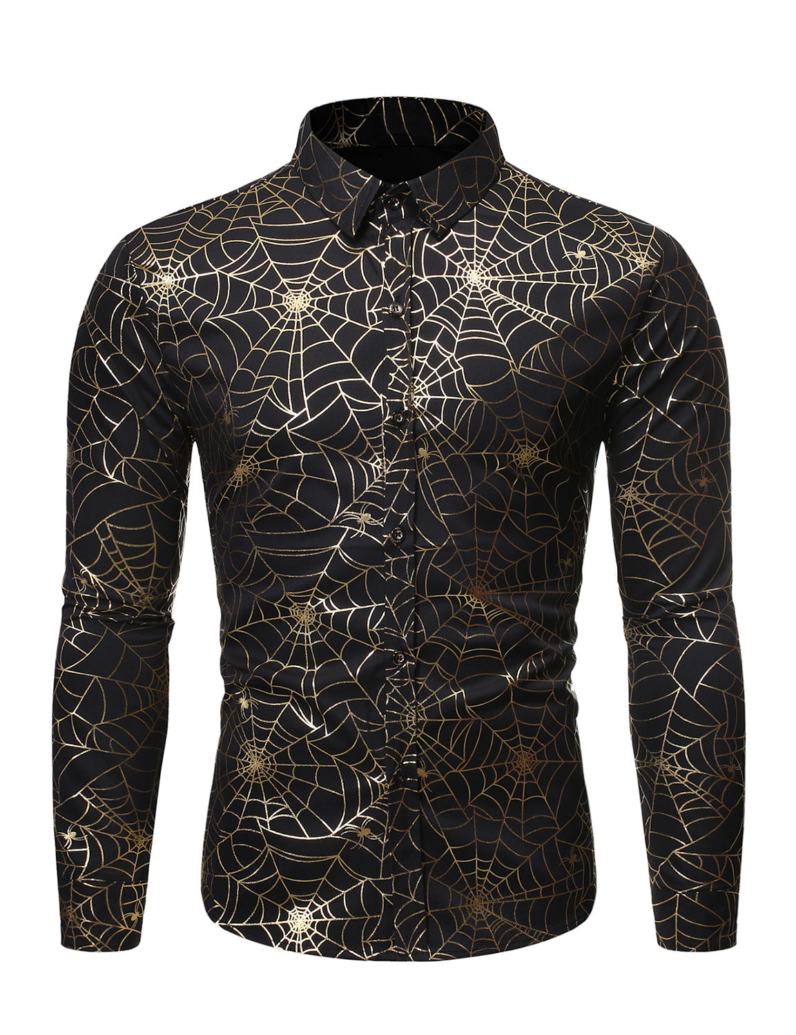 Men's Gold Spider Web Print Halloween Party Button Long Sleeve Shirt