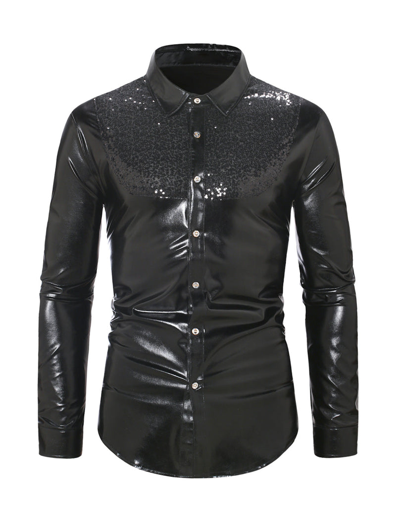 Men's Luxury Shiny Button Up Tuxedo Costume Long Sleeve Party Dress Shirt