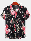 Men's Floral Print Summer Black Short Sleeve Button Up Shirt