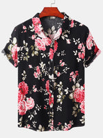 Men's Floral Print Summer Black Short Sleeve Button Up Shirt