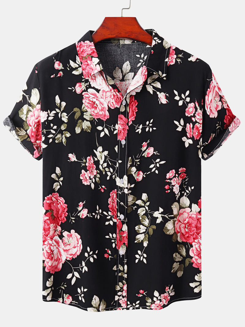Men's Floral Print Summer Black Short Sleeve Button Up Shirt