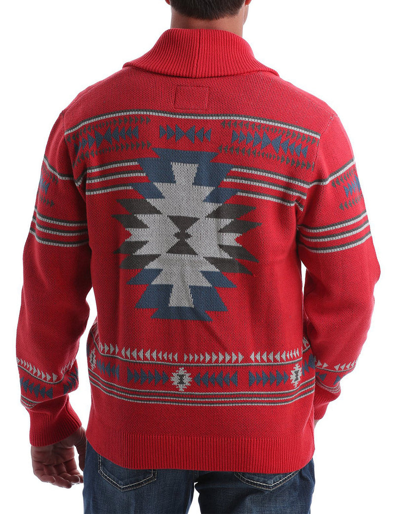 Men's Retro Print Casual Soft Red Vintage Long Sleeve Cardigan Sweater