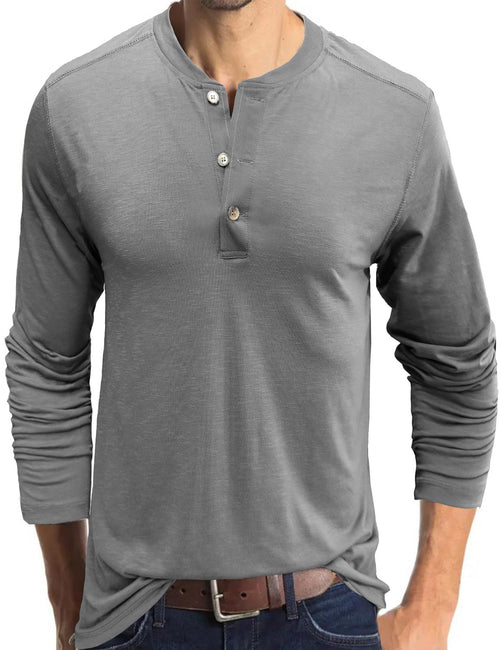 Men's Casual Henry Collar Solid Color Long Sleeve T-Shirt
