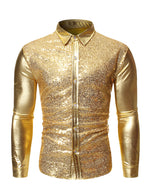 Men's Sequin Metallic Prom Party Button Long Sleeve Shirt