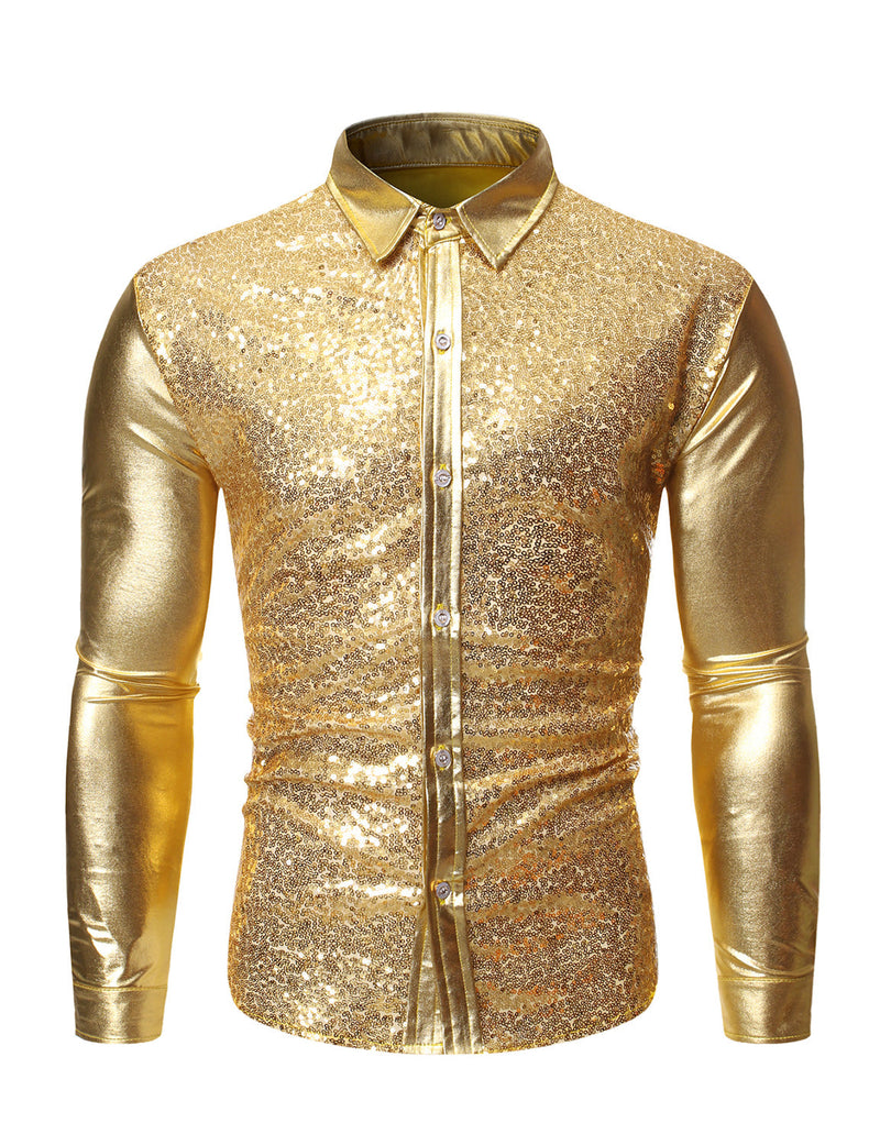Men's Sequin Metallic Prom Party Button Long Sleeve Shirt