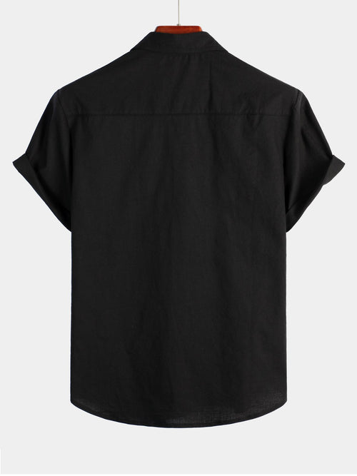 Men's Solid Color Linen Cotton Pocket Casual Button Short Sleeve Shirt