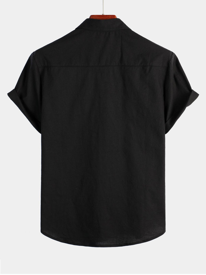 Men's Solid Color Linen Cotton Pocket Casual Button Short Sleeve Shirt