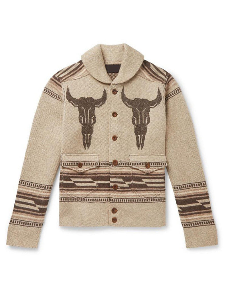 Men's Casual Vintage Western Pattern Graphic Lapel Button Fall Winter Retro Long Sleeve Cardigan