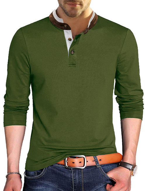 Men's Henry Collar Solid Color Long Sleeve Casual T-Shirt