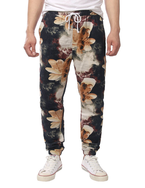 Men's Jogger Cotton Pants Flower Printed Drawstring Trousers(Yellow)
