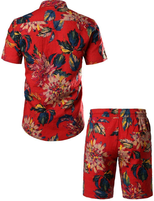 Men's Flower Casual Button Down Hawaiian Shirts&Shorts