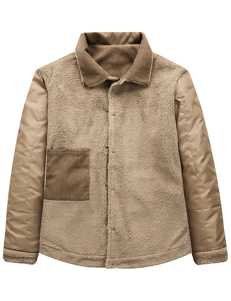 Men's Casual Corduroy Jacket Lapel Solid Sherpa Lined Warm Fall Winter Coat