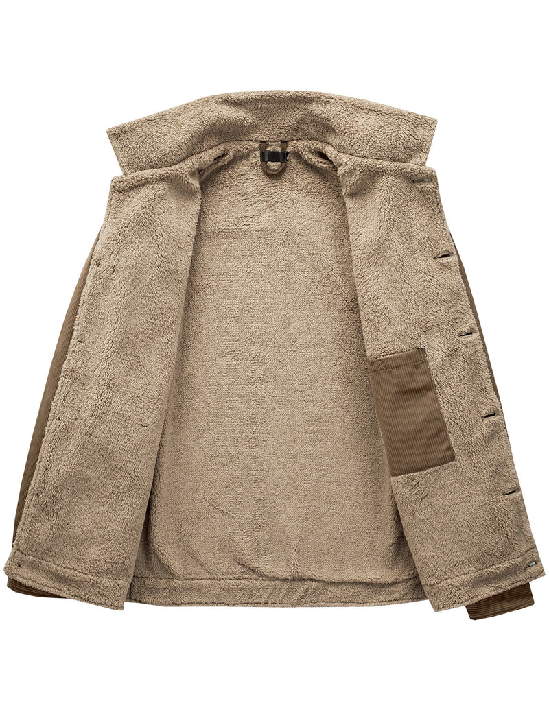 Men's Casual Corduroy Jacket Lapel Solid Sherpa Lined Warm Fall Winter Coat