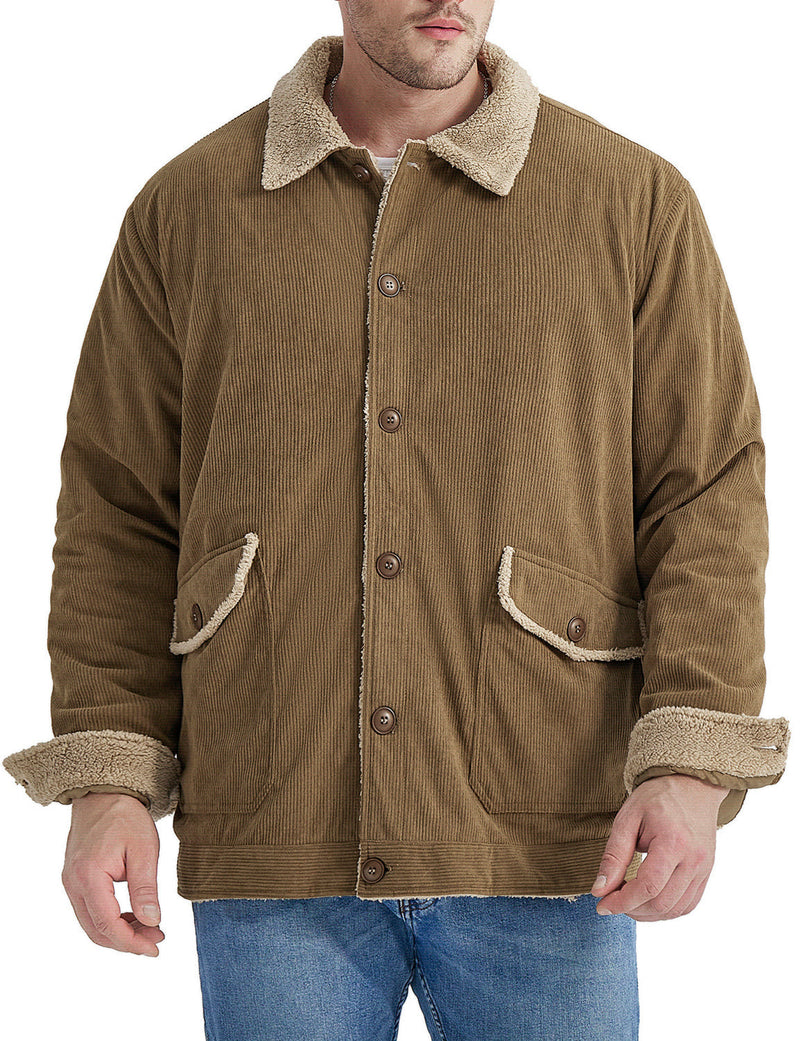 Men's Casual Corduroy Jacket Lapel Solid Sherpa Lined Warm Fall Winter Coat