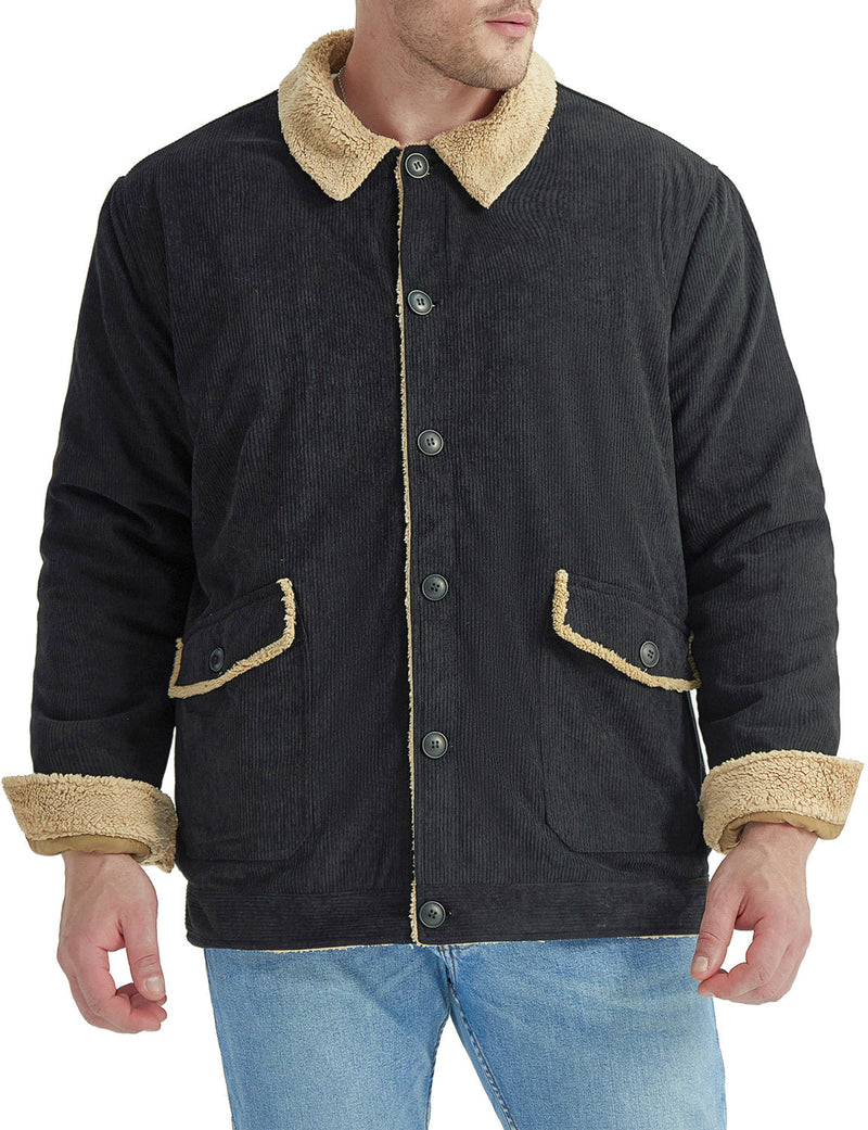 Men's Casual Corduroy Jacket Lapel Solid Sherpa Lined Warm Fall Winter Coat