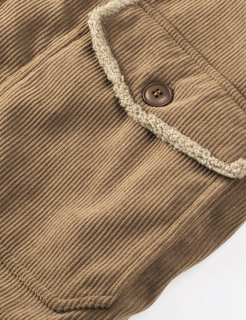Men's Casual Corduroy Jacket Lapel Solid Sherpa Lined Warm Fall Winter Coat