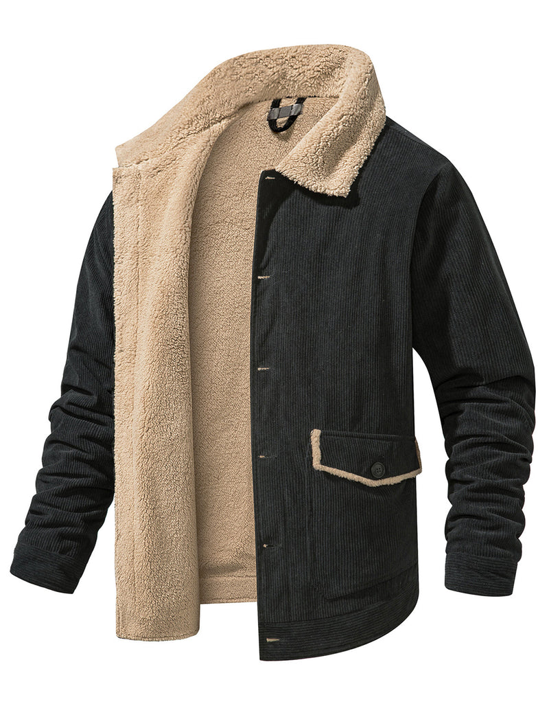 Men's Casual Corduroy Jacket Lapel Solid Sherpa Lined Warm Fall Winter Coat
