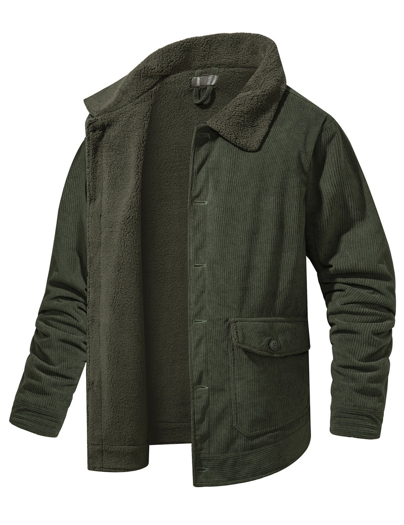 Men's Casual Corduroy Jacket Lapel Solid Sherpa Lined Warm Fall Winter Coat