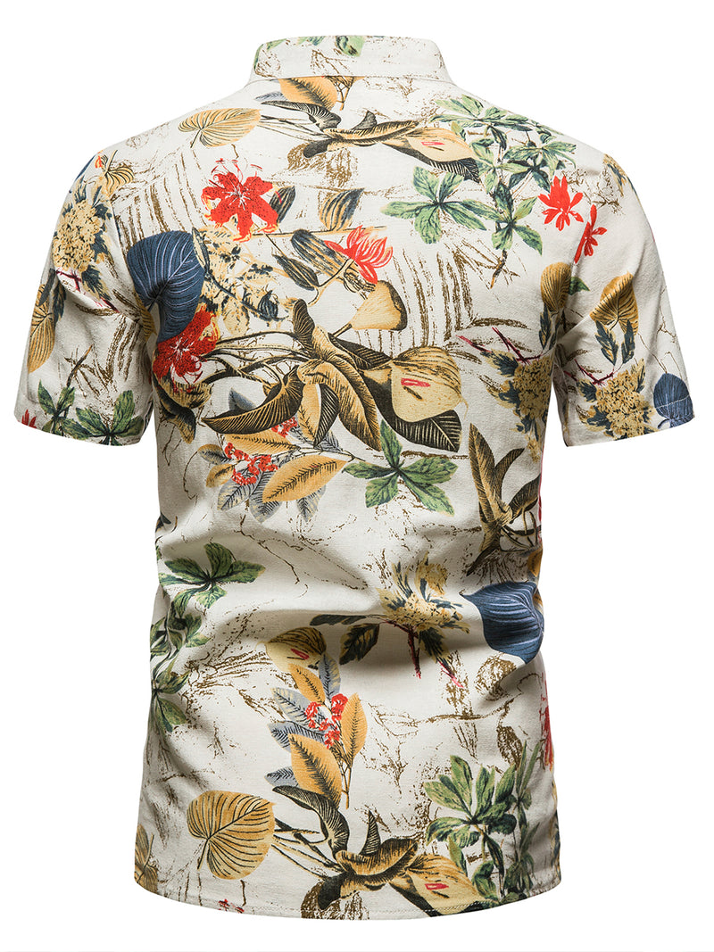 Men's Vintage Summer Floral Print Henley Collar Short Sleeve Beige Hawaiian Shirt