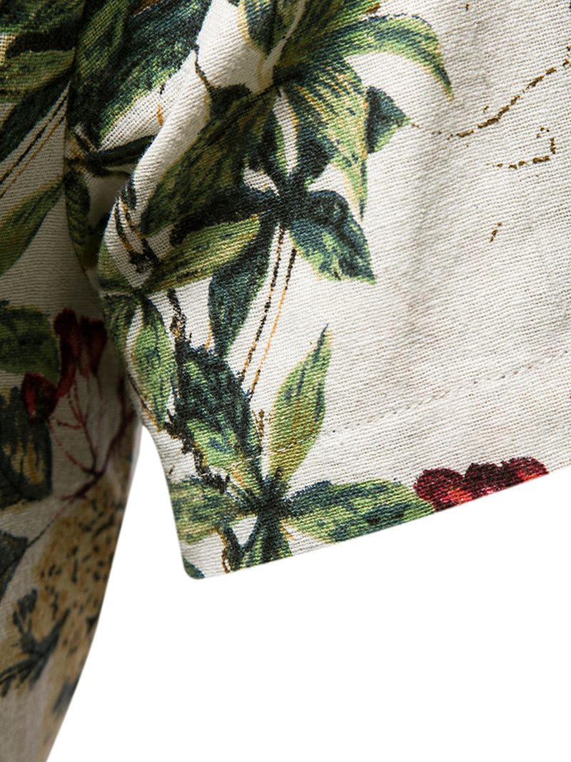 Men's Vintage Summer Floral Print Henley Collar Short Sleeve Beige Hawaiian Shirt