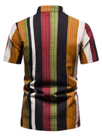 Men's Henley Collar Vintage Rainbow Striped Short Sleeve Shirt