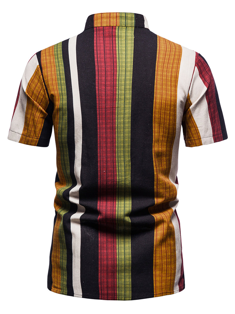 Men's Henley Collar Vintage Rainbow Striped Short Sleeve Shirt
