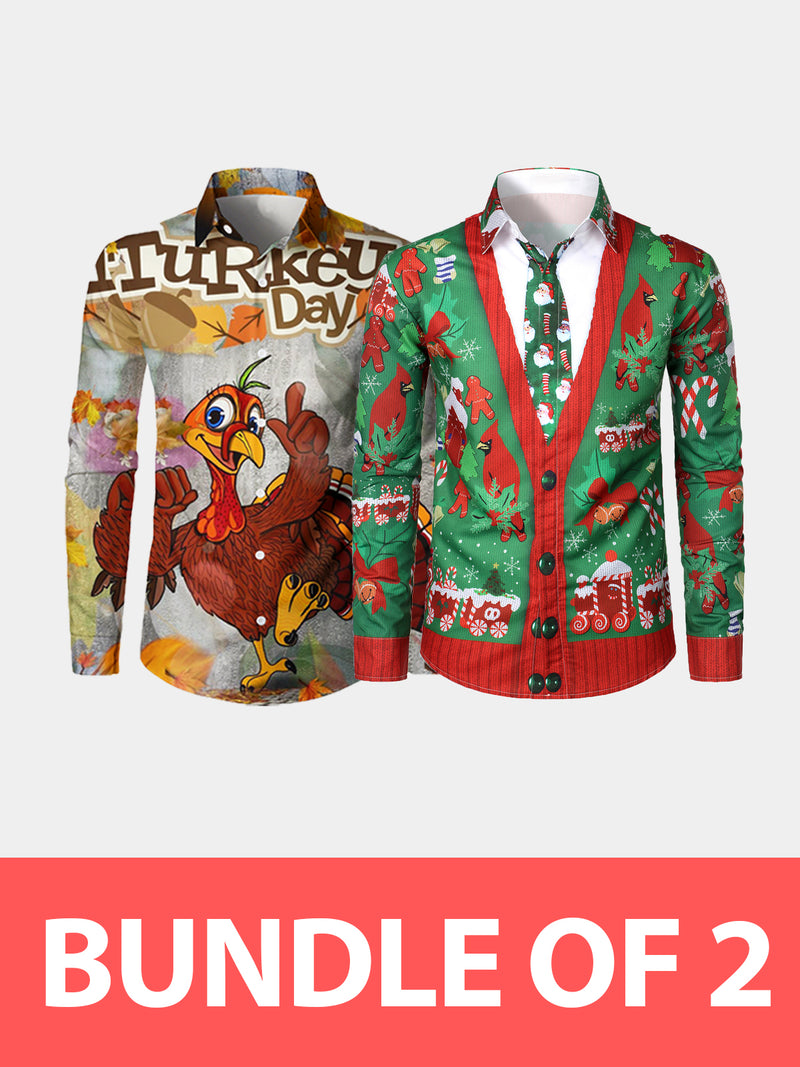 Bundle Of 2|Men's Printed Regular Fit Festive Long Sleeve Shirt