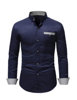 Men's Stand Collar Solid Plaid Pocket Button Up Long Sleeve Shirt