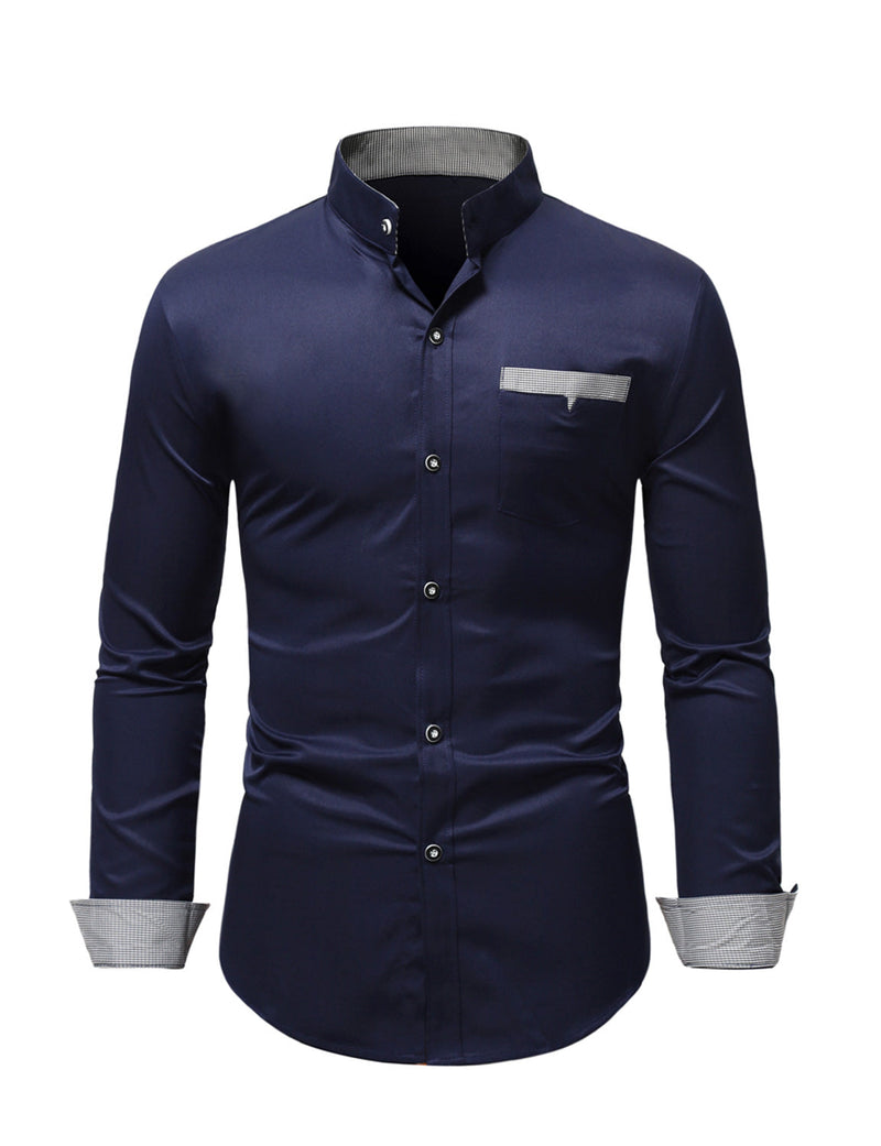 Men's Stand Collar Solid Plaid Pocket Button Up Long Sleeve Shirt