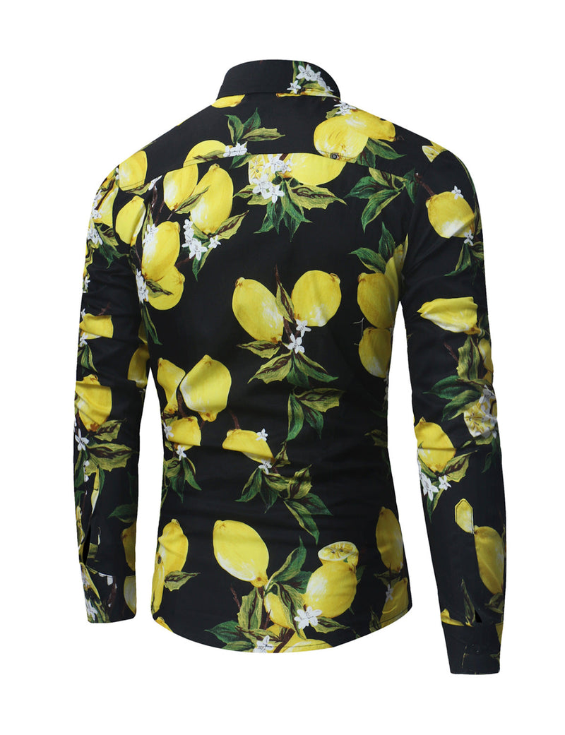Men's Tropical Lemon Fruit Print Button Up Cotton Long Sleeve Shirt