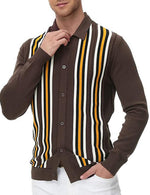 Men's Vintage Striped Button Up Knit Polo Shirt Brown Cardigan Sweater