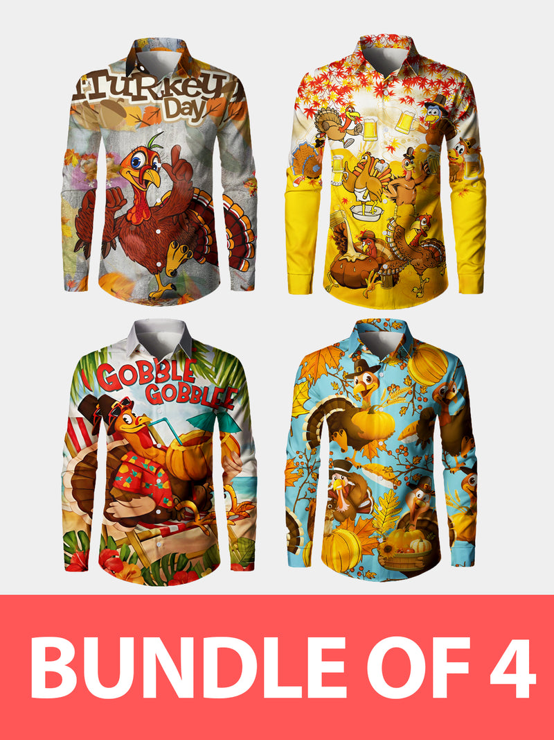 Bundle Of 4|Men's Thanksgiving Funny Turkey Print Button Up Cute Animal Vacation Long Sleeve Shirt
