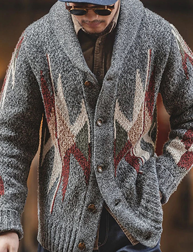 Men's Dark Grey Lapel Button Up Casual Long Sleeve V Neck Sweater Cardigan