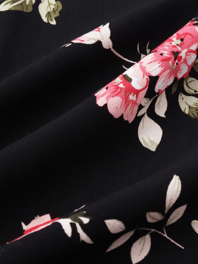 Men's Floral Print Summer Black Short Sleeve Button Up Shirt