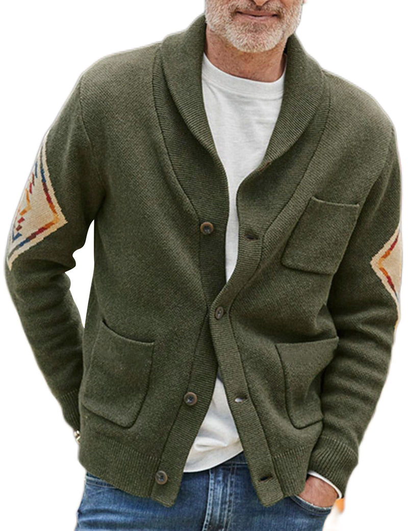 Men's Soft Knit Vintage Button Army Green Pocket Cardigan Sweater