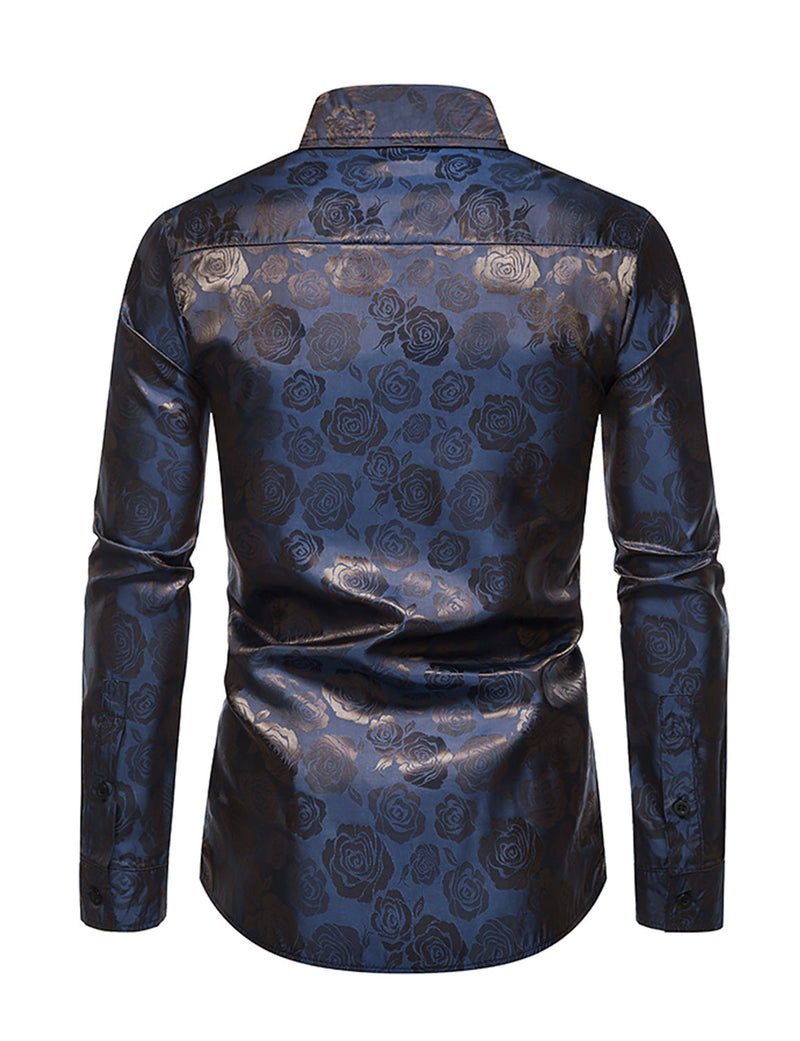 Men's Jacquard Vintage Rose Flower Print Party Prom Long Sleeve Dress Shirt