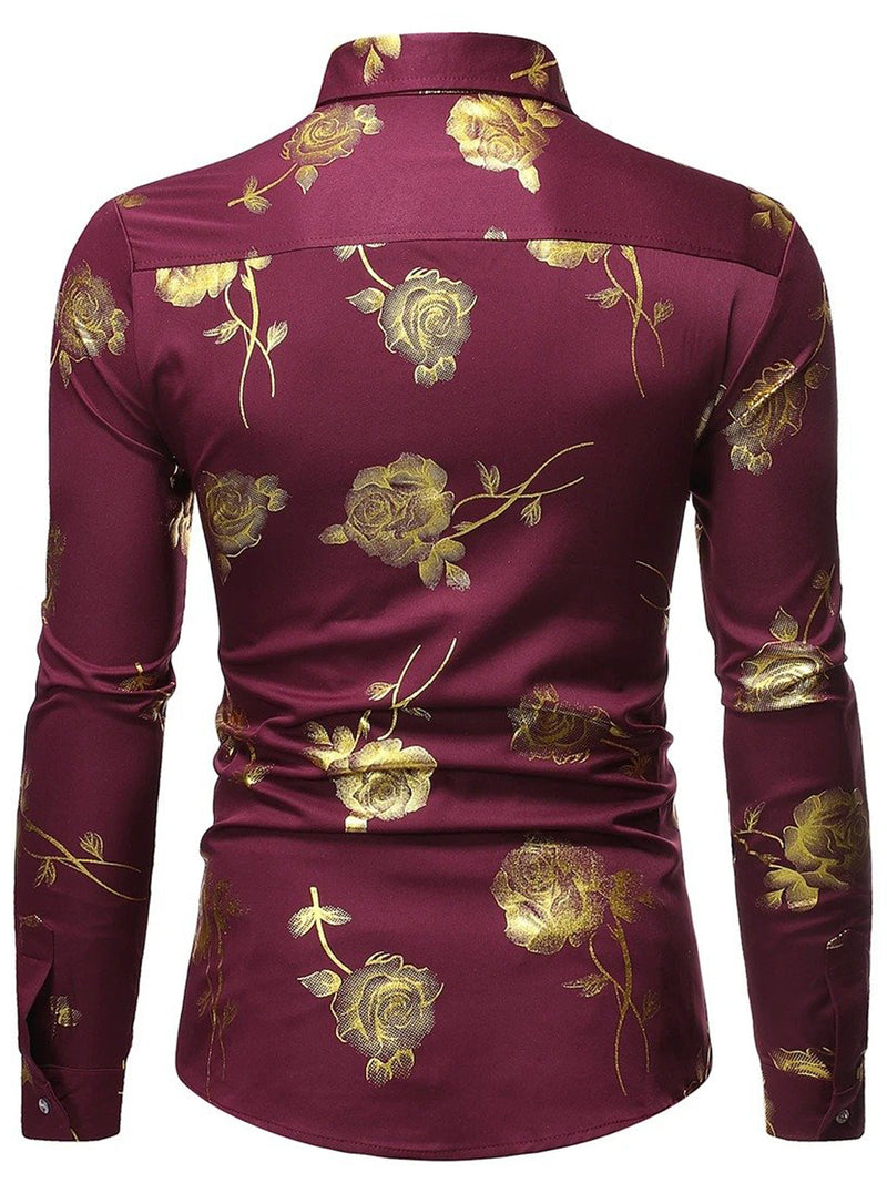 Men's Rose Print Casual Long Sleeve Shirts