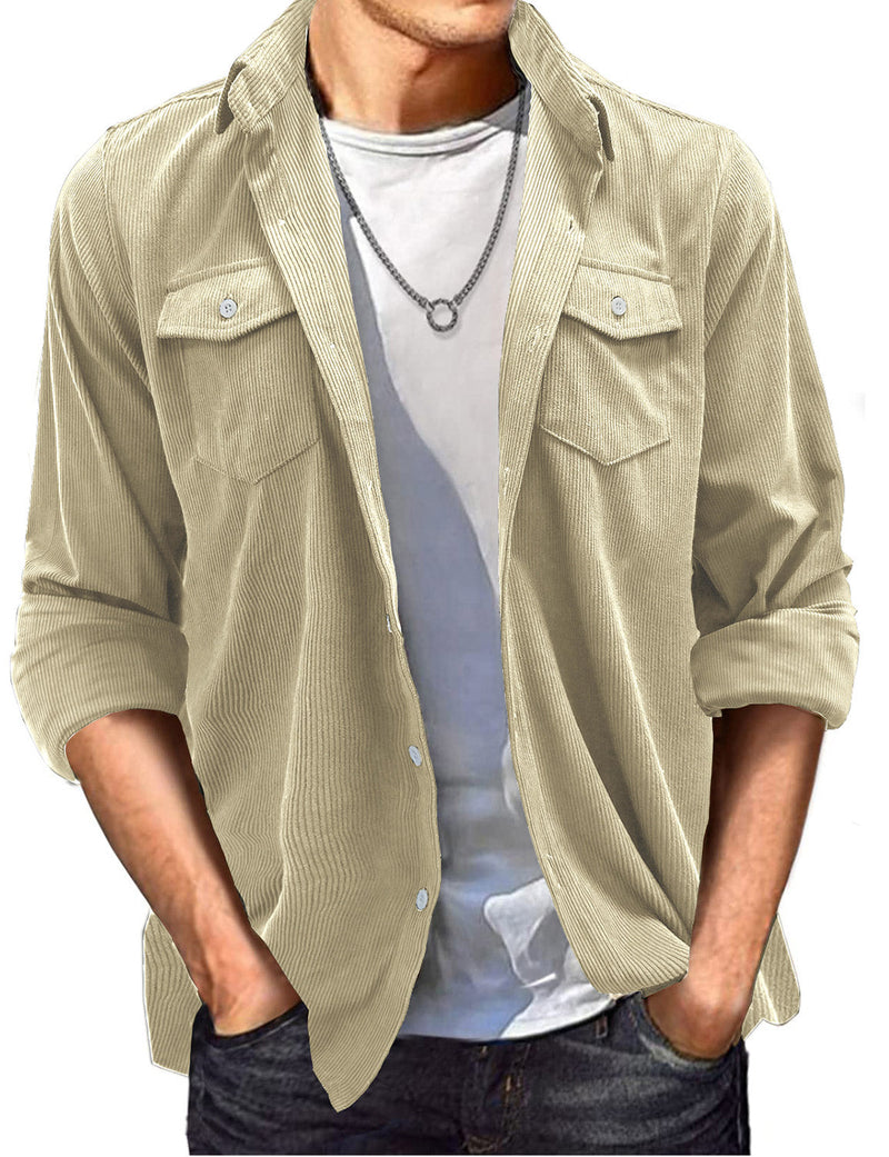 Men's Solid Color Double Pocket Button Up Casual Long Sleeve Fall Winter Shirt