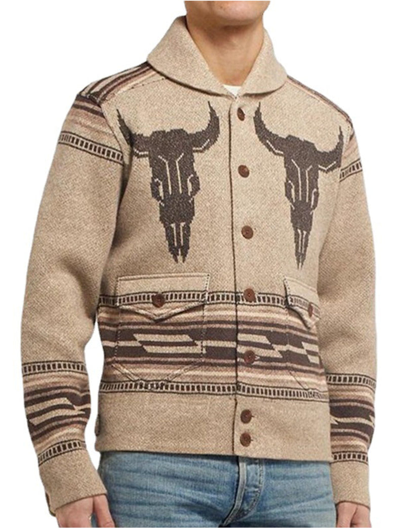 Men's Casual Vintage Western Pattern Graphic Lapel Button Fall Winter Retro Long Sleeve Cardigan