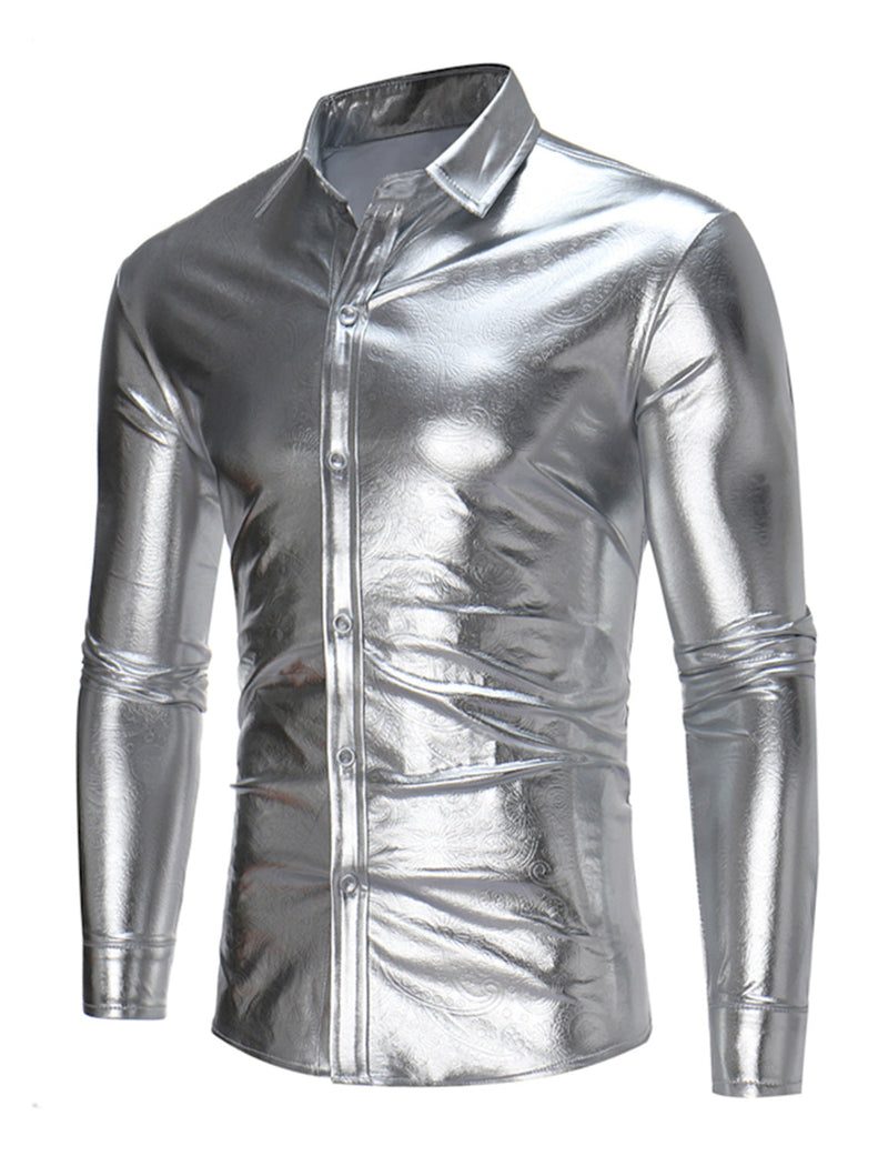 Men's Party Nightclub Button Up Cool Leather Long Sleeve Shirt