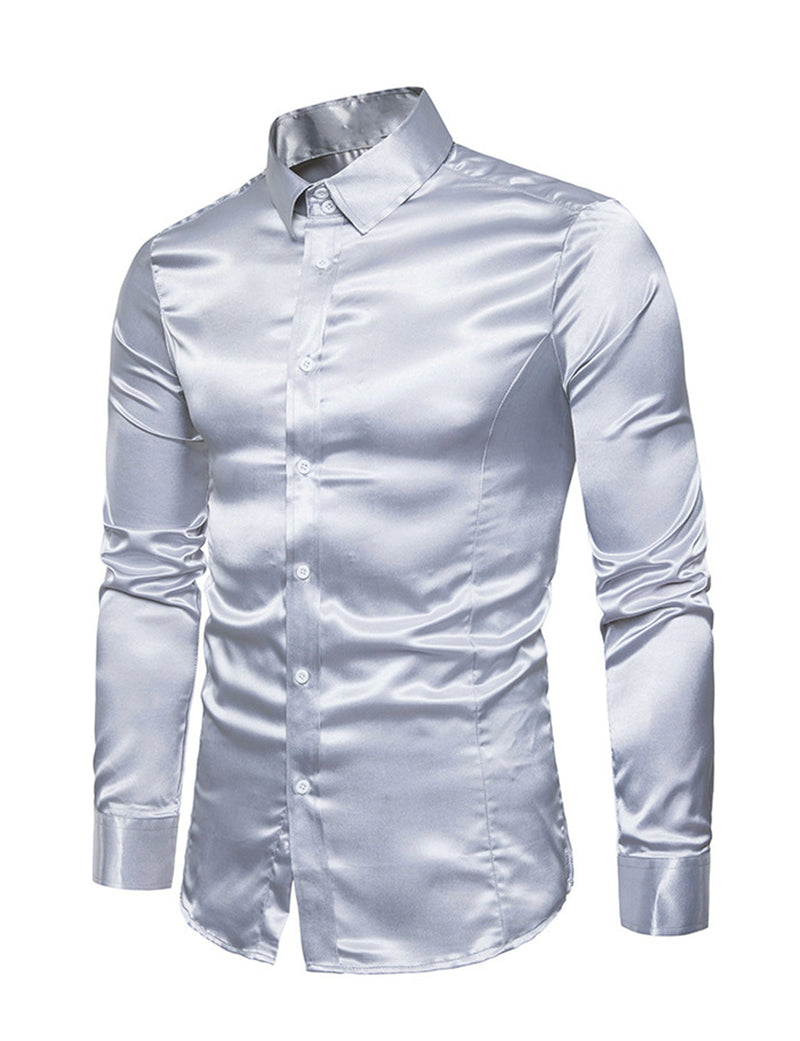 Men's Satin Smooth Button Up Tuxedo Long Sleeve Party Dress Shirt
