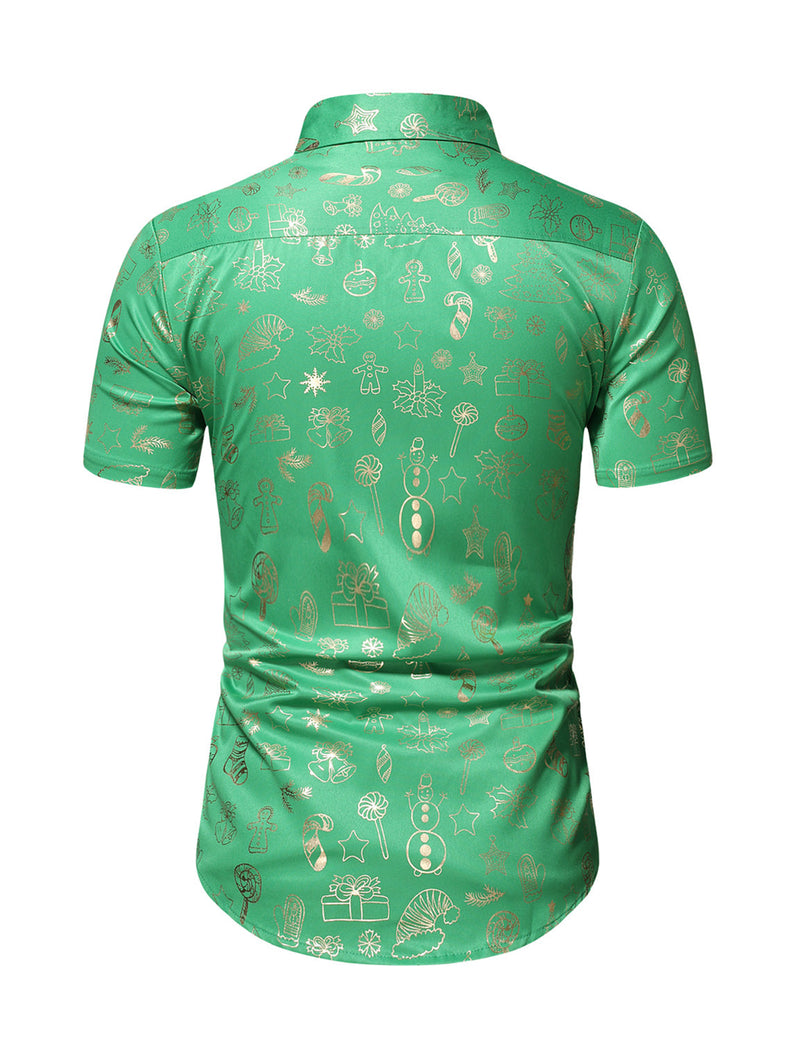 Men's Christmas Gold Print Holiday Party Button Up Short Sleeve Shirt