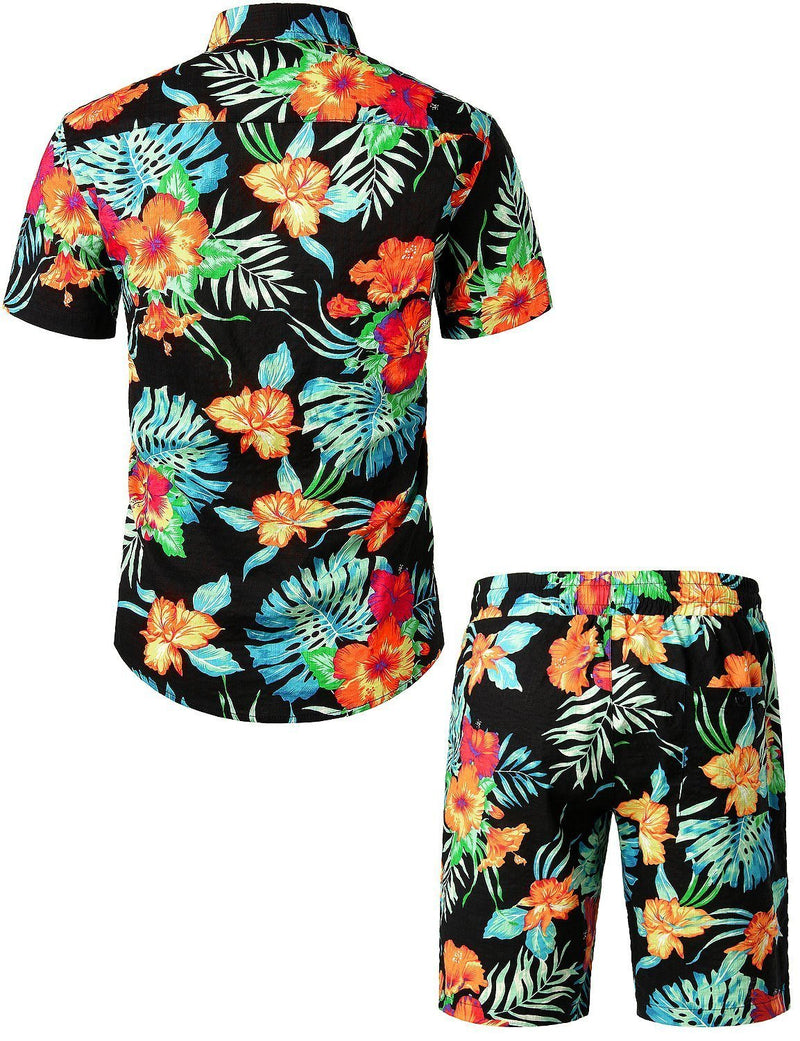 Men's Flower Casual Button Down Hawaiian Shirts&Shorts