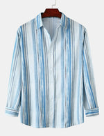 Men's Light Blue Striped Soft Casual Button Up Long Sleeve Lapel Shirt