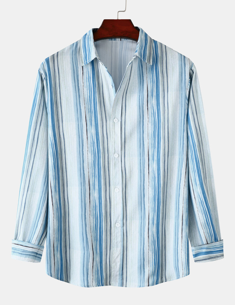 Men's Light Blue Striped Soft Casual Button Up Long Sleeve Lapel Shirt