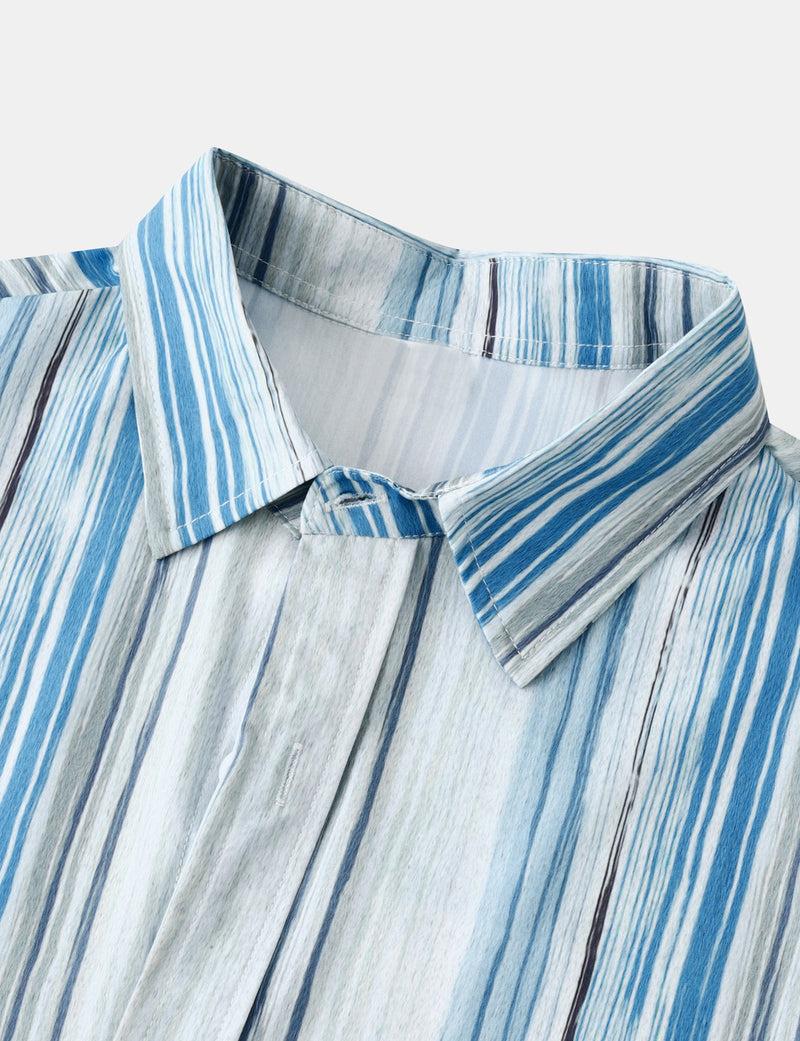 Men's Light Blue Striped Soft Casual Button Up Long Sleeve Lapel Shirt
