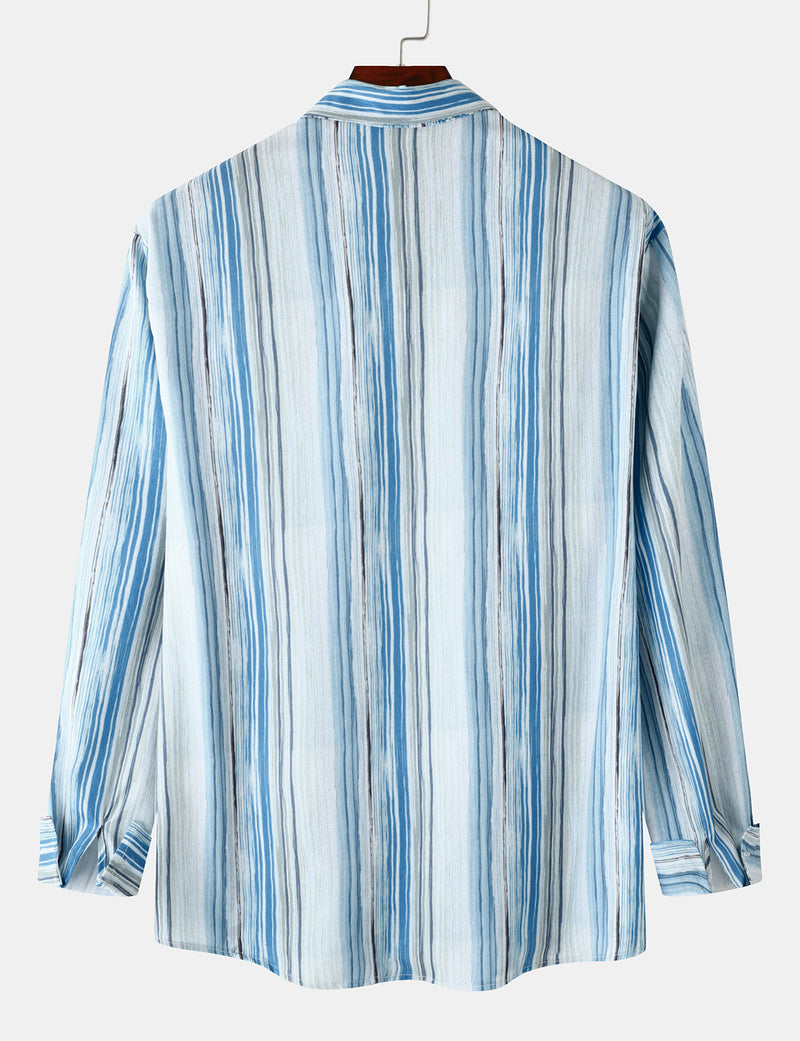 Men's Light Blue Striped Soft Casual Button Up Long Sleeve Lapel Shirt
