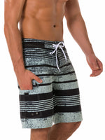 Men's Casual Striped Black Flat Waist Hawaiian Shorts Summer Beach Boardshorts